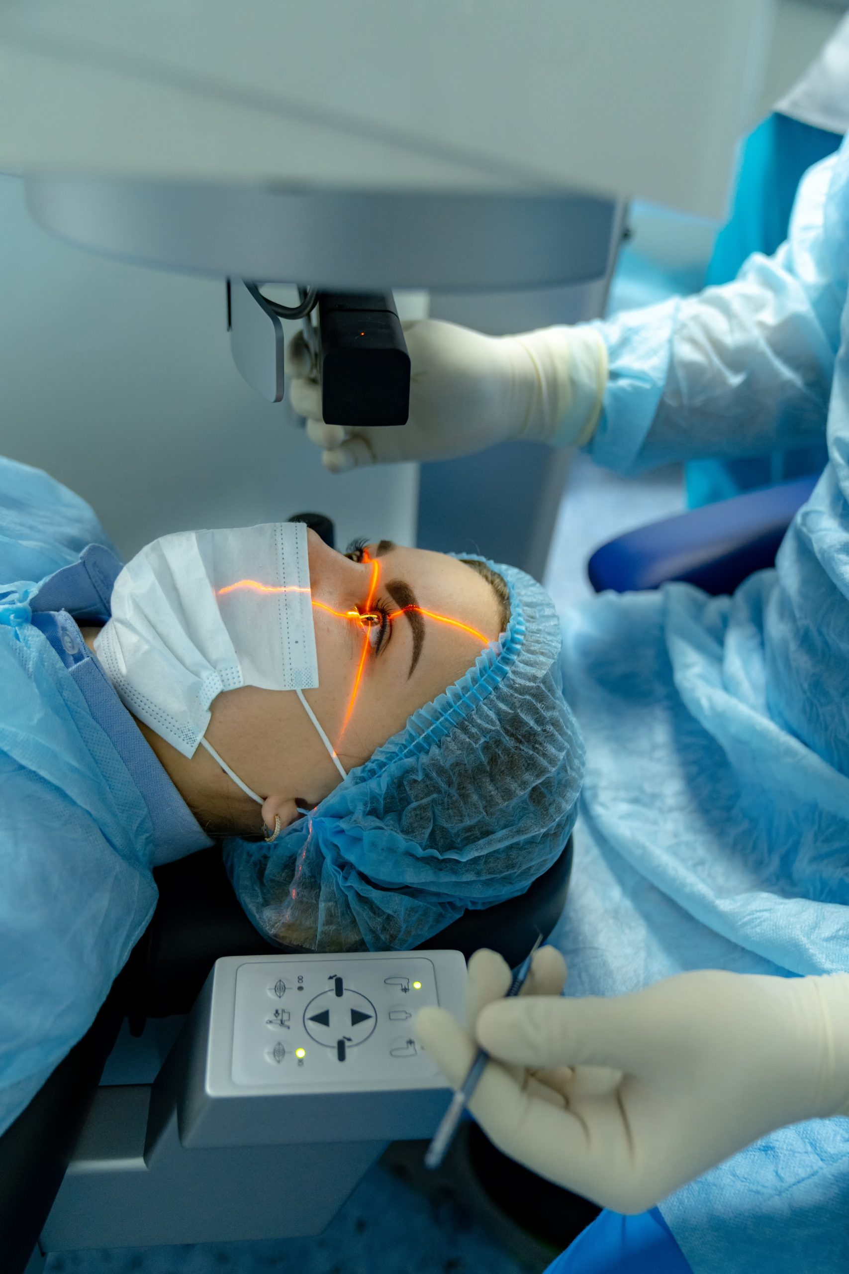 Professional eye laser correction in modern hospital. operating eye with microscope.